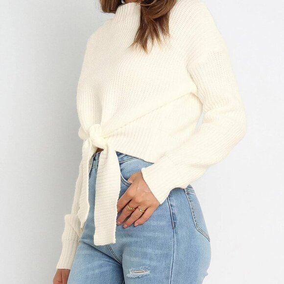 Women's Long Sleeve Cropped Sweaters Casual Knit Pullover Tie Front Crew Neck Fa - Picture 8 of 8